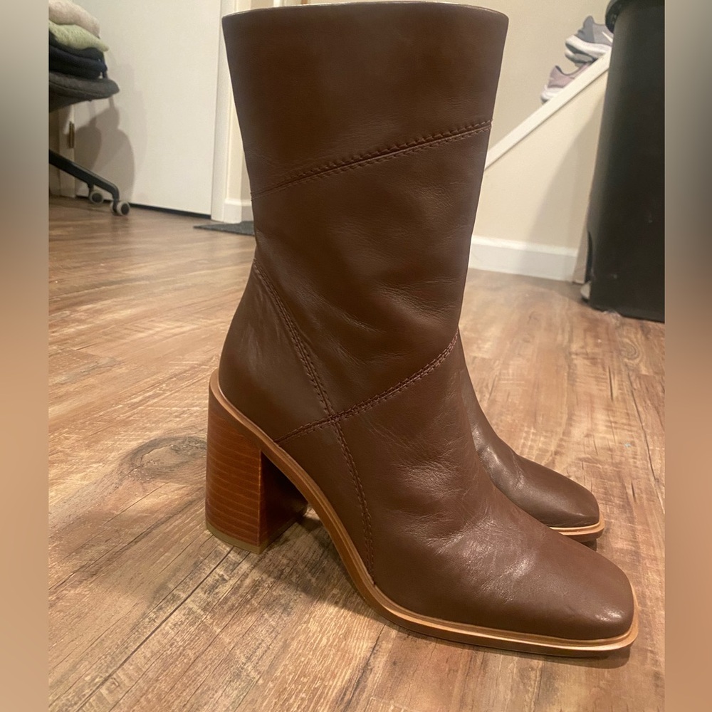 Classic Brown Leather Block Heel Mid-Calf Boots - Picture 5 of 11